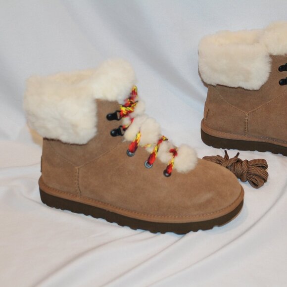 NIB UGG WOMEN'S MINI ALPINE LACE UP SUEDE SHEARLING LINED BOOTS CHESTNUT - Picture 3 of 8